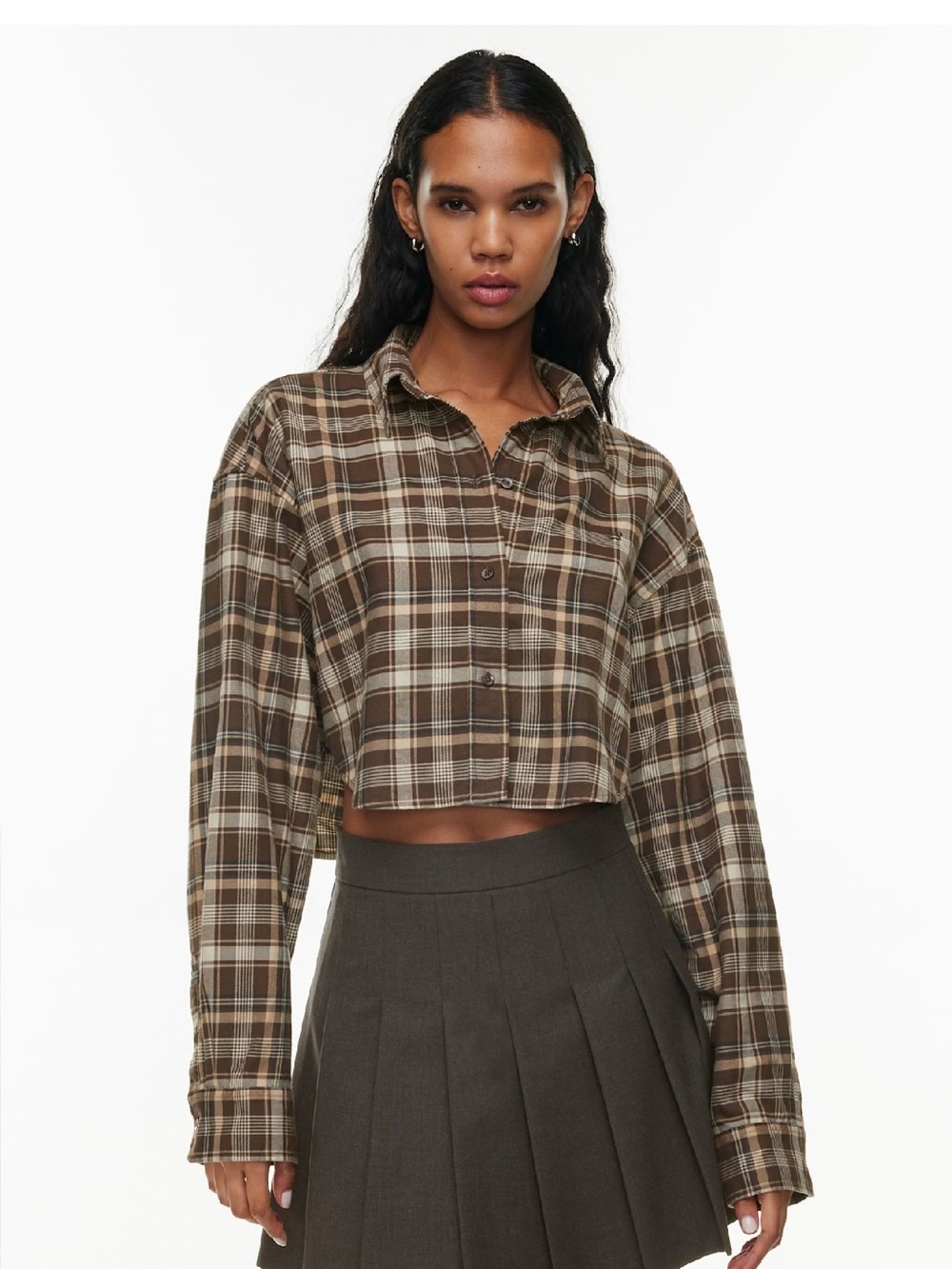Aritzia Sunday Best Poppy Shirt Cropped Brown Plaid Button-Down Xl NWT